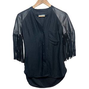Raquel Allegra Black Linen Fringe Top Sz. 0 (XS/0/2)